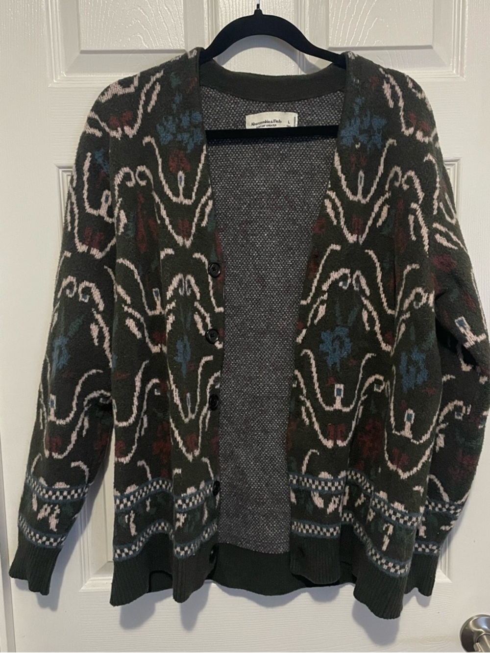 Abercrombie & Fitch Olive Patterned Open-Front Cardigan